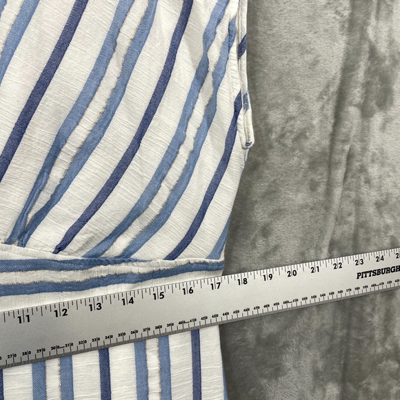 Loft Blue Shimmer Stripe Button Front Dress Size 14 Cotton Lined V-Neck Nautical - Picture 7 of 8